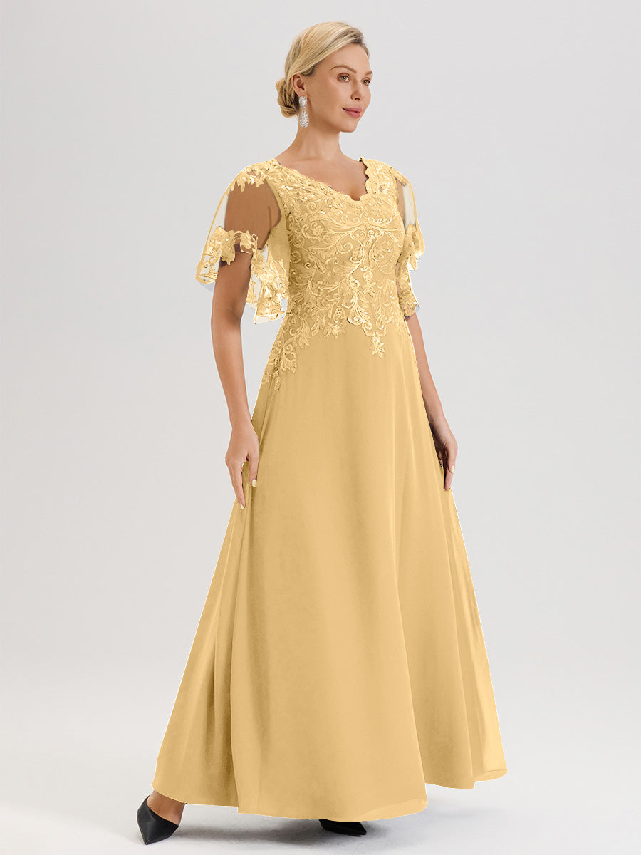 Cicinia Robe Mère De La Mariée Couleur Or Longueur Au Sol En Chiffon Et Dentelle Décolleté En V À Manches Courtes Volantées