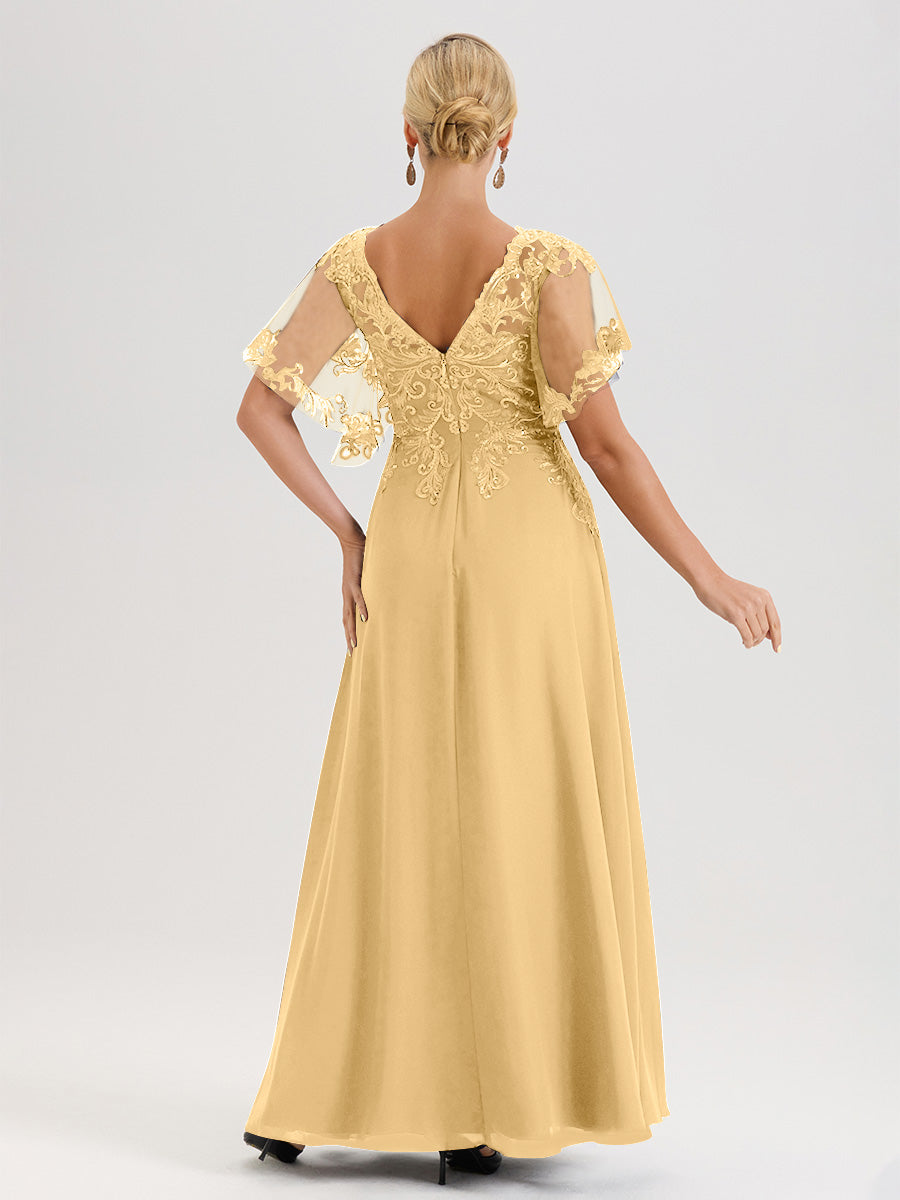 Cicinia Robe Mère De La Mariée Couleur Or Longueur Au Sol En Chiffon Et Dentelle Décolleté En V À Manches Courtes Volantées