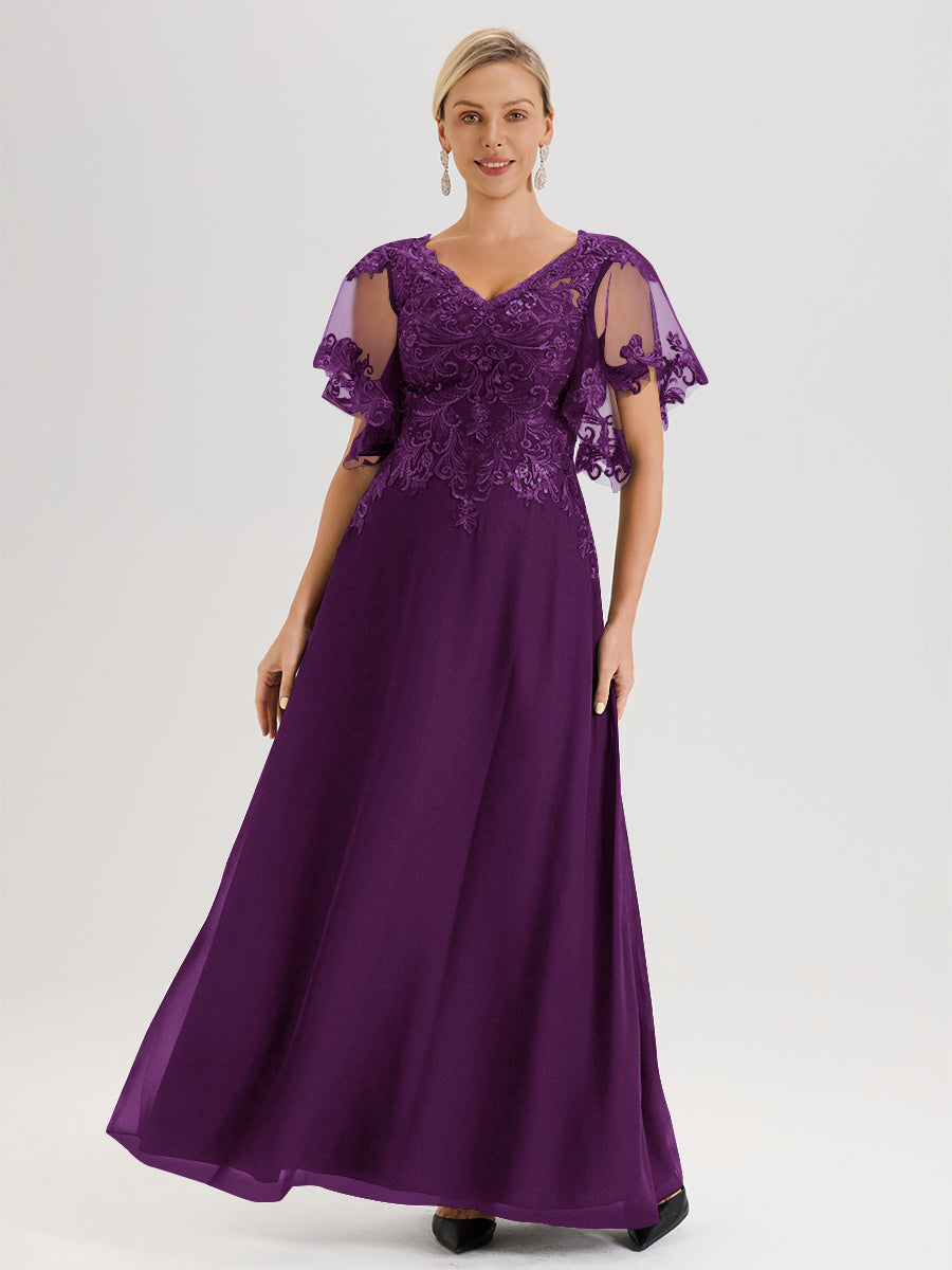 Cicinia Robe Mère De La Mariée En Raisin Longueur Au Sol En Chiffon Et Dentelle Décolleté En V À Manches Courtes Volantées
