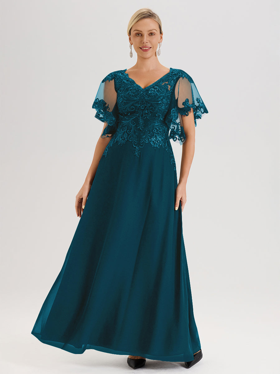 Cicinia Robe Mère De La Mariée Bleu Encre Longueur Au Sol En Chiffon Et Dentelle Décolleté En V À Manches Courtes Volantées