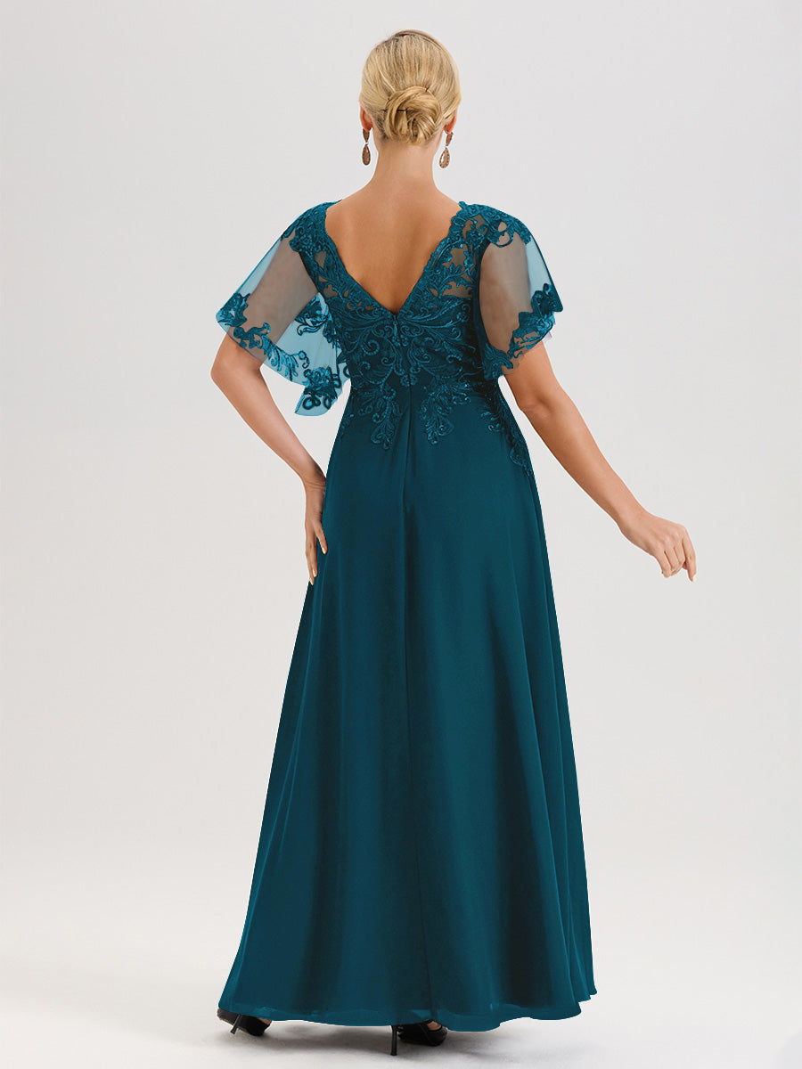 Cicinia Robe Mère De La Mariée Bleu Encre Longueur Au Sol En Chiffon Et Dentelle Décolleté En V À Manches Courtes Volantées