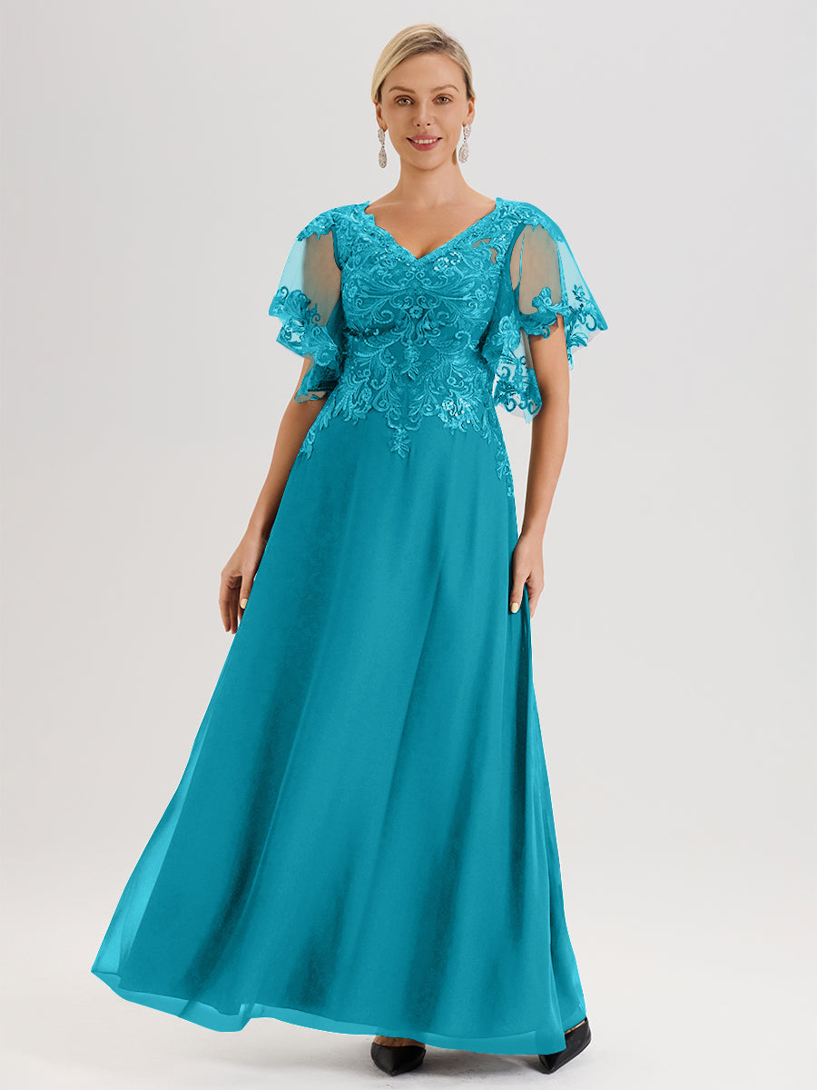 Cicinia Robe Mère De La Mariée Vert Jade Longueur Au Sol En Chiffon Et Dentelle Décolleté En V À Manches Courtes Volantées