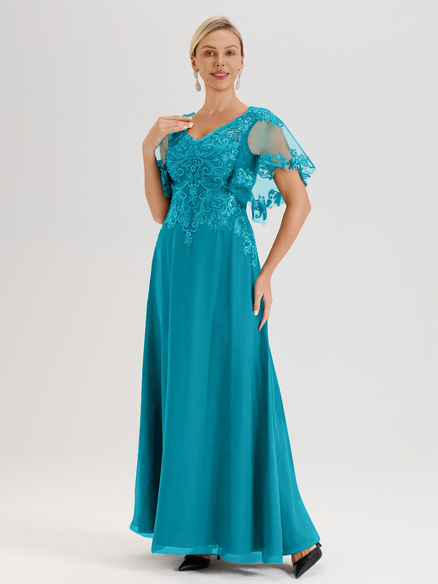 Cicinia Robe Mère De La Mariée Vert Jade Longueur Au Sol En Chiffon Et Dentelle Décolleté En V À Manches Courtes Volantées