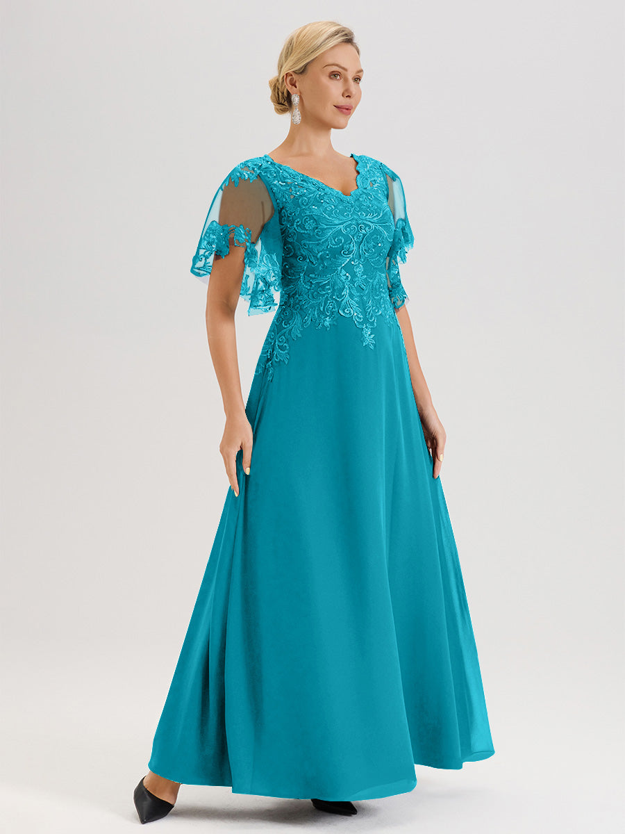 Cicinia Robe Mère De La Mariée Vert Jade Longueur Au Sol En Chiffon Et Dentelle Décolleté En V À Manches Courtes Volantées