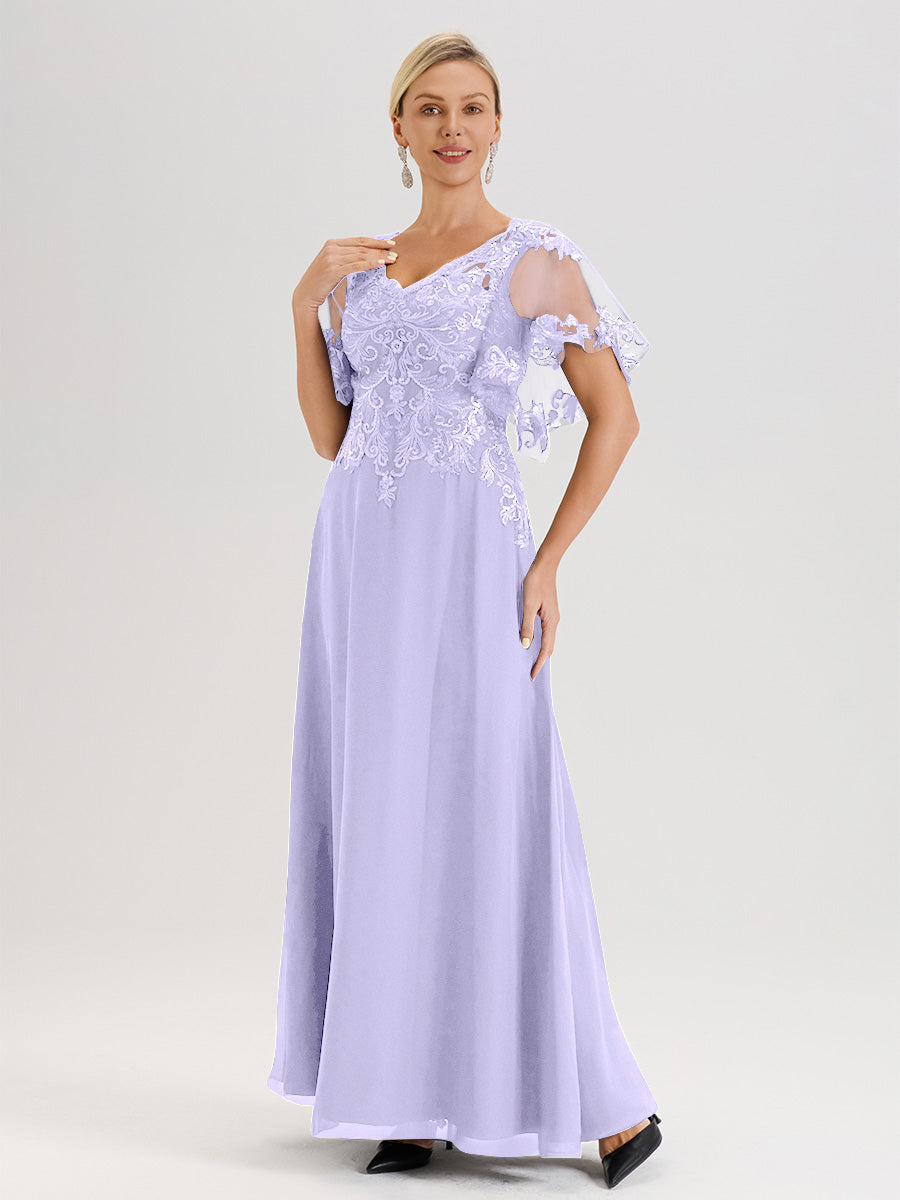 Cicinia Robe Mère De La Mariée Lilas Longueur Au Sol En Chiffon Et Dentelle Décolleté En V À Manches Courtes Volantées