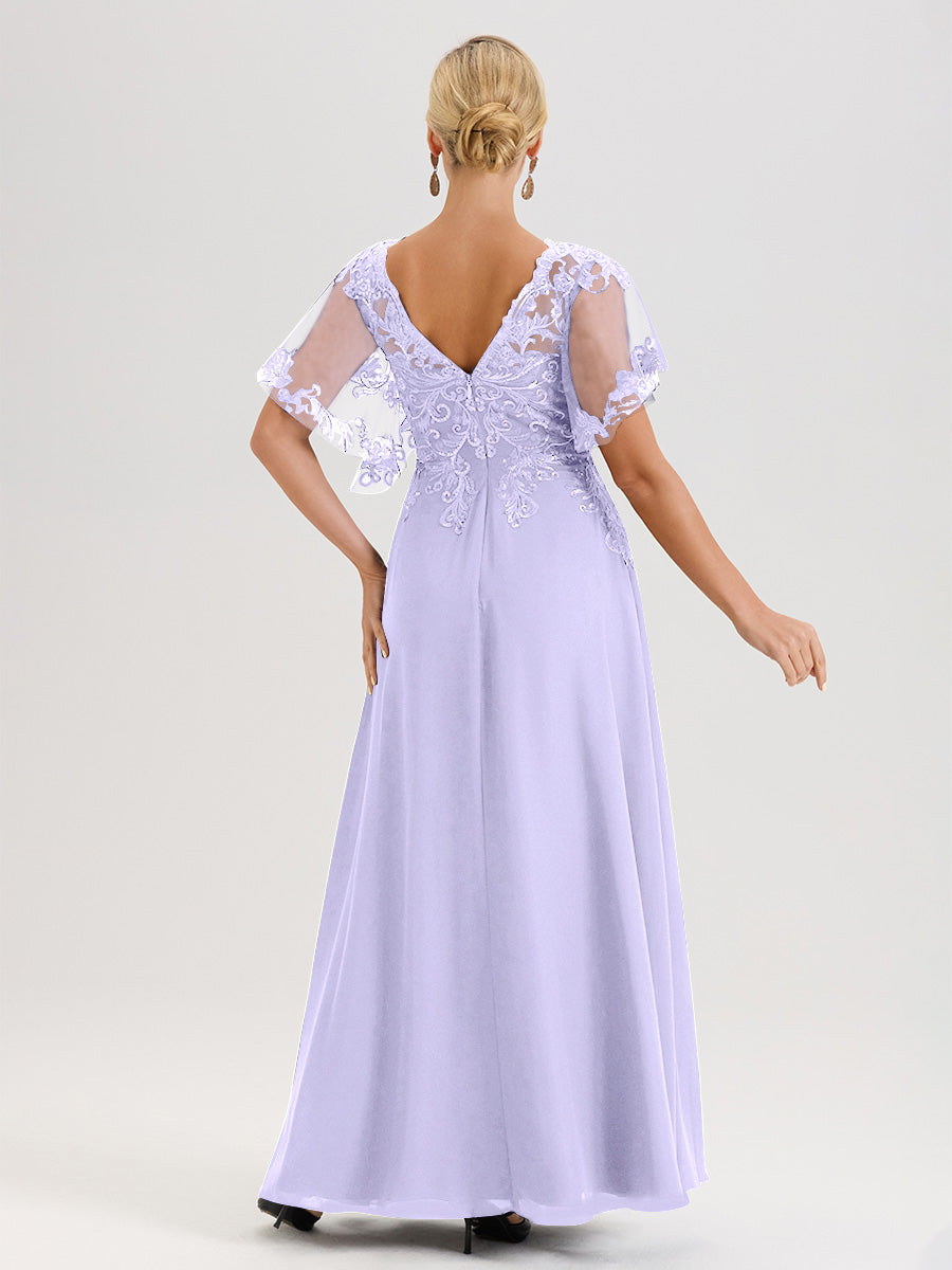 Cicinia Robe Mère De La Mariée Lilas Longueur Au Sol En Chiffon Et Dentelle Décolleté En V À Manches Courtes Volantées