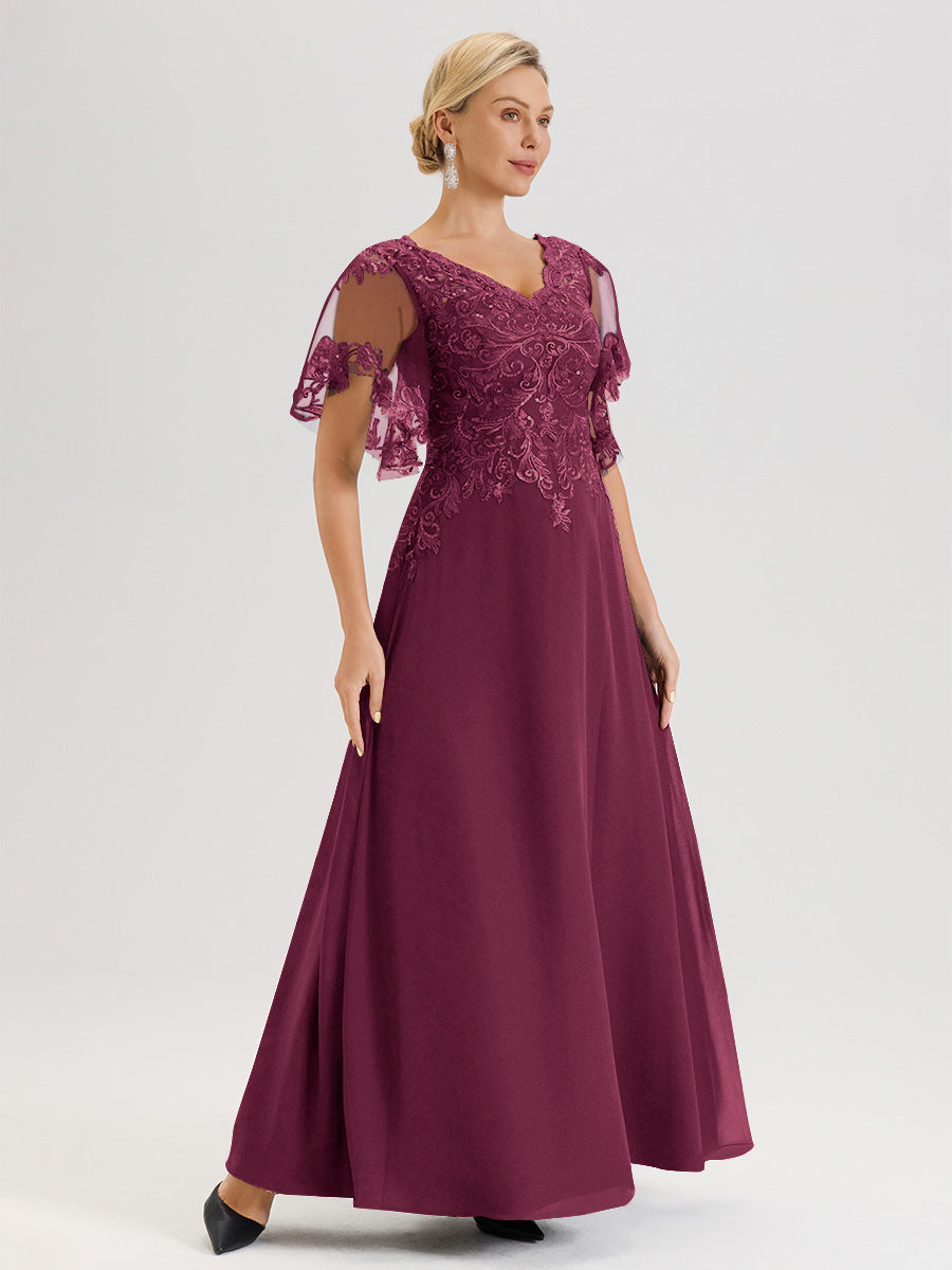 Cicinia Robe Mère De La Mariée Mûre Longueur Au Sol En Chiffon Et Dentelle Décolleté En V À Manches Courtes Volantées
