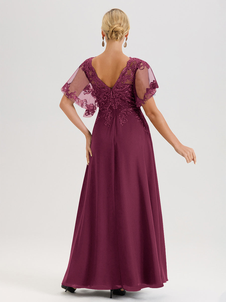 Cicinia Robe Mère De La Mariée Mûre Longueur Au Sol En Chiffon Et Dentelle Décolleté En V À Manches Courtes Volantées