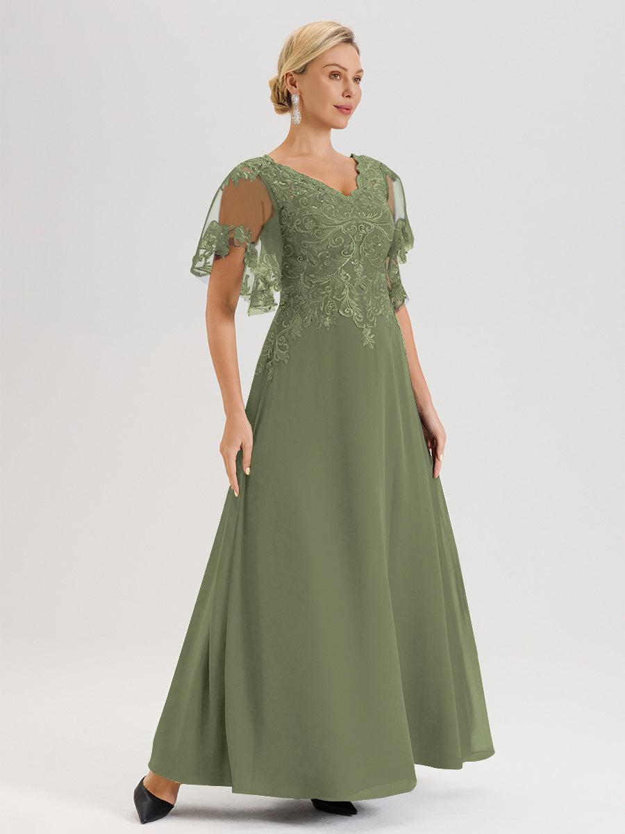 Cicinia Robe Mère De La Mariée Olive Longueur Au Sol En Chiffon Et Dentelle Décolleté En V À Manches Courtes Volantées
