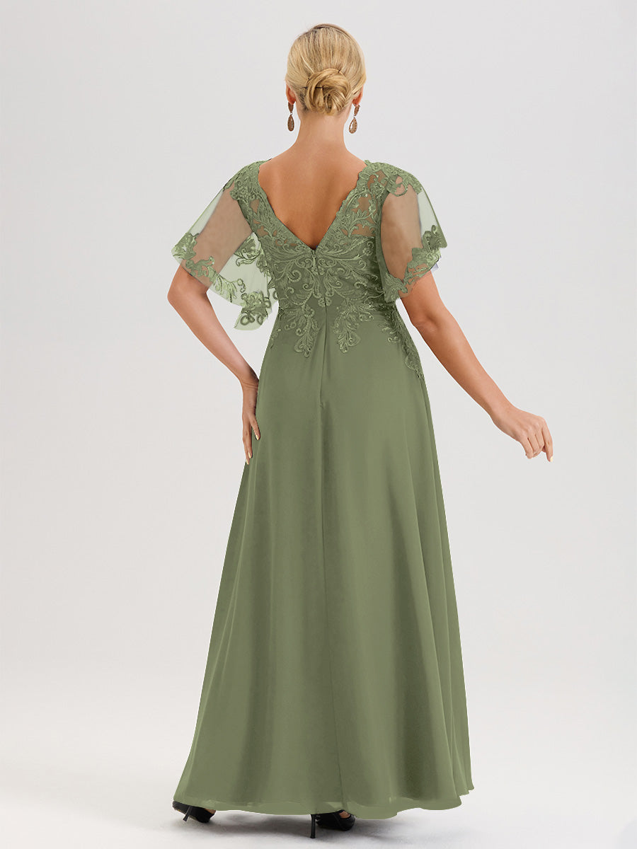 Cicinia Robe Mère De La Mariée Olive Longueur Au Sol En Chiffon Et Dentelle Décolleté En V À Manches Courtes Volantées