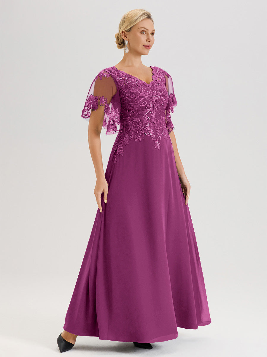 Cicinia Robe Mère De La Mariée Orchidée Longueur Au Sol En Chiffon Et Dentelle Décolleté En V À Manches Courtes Volantées
