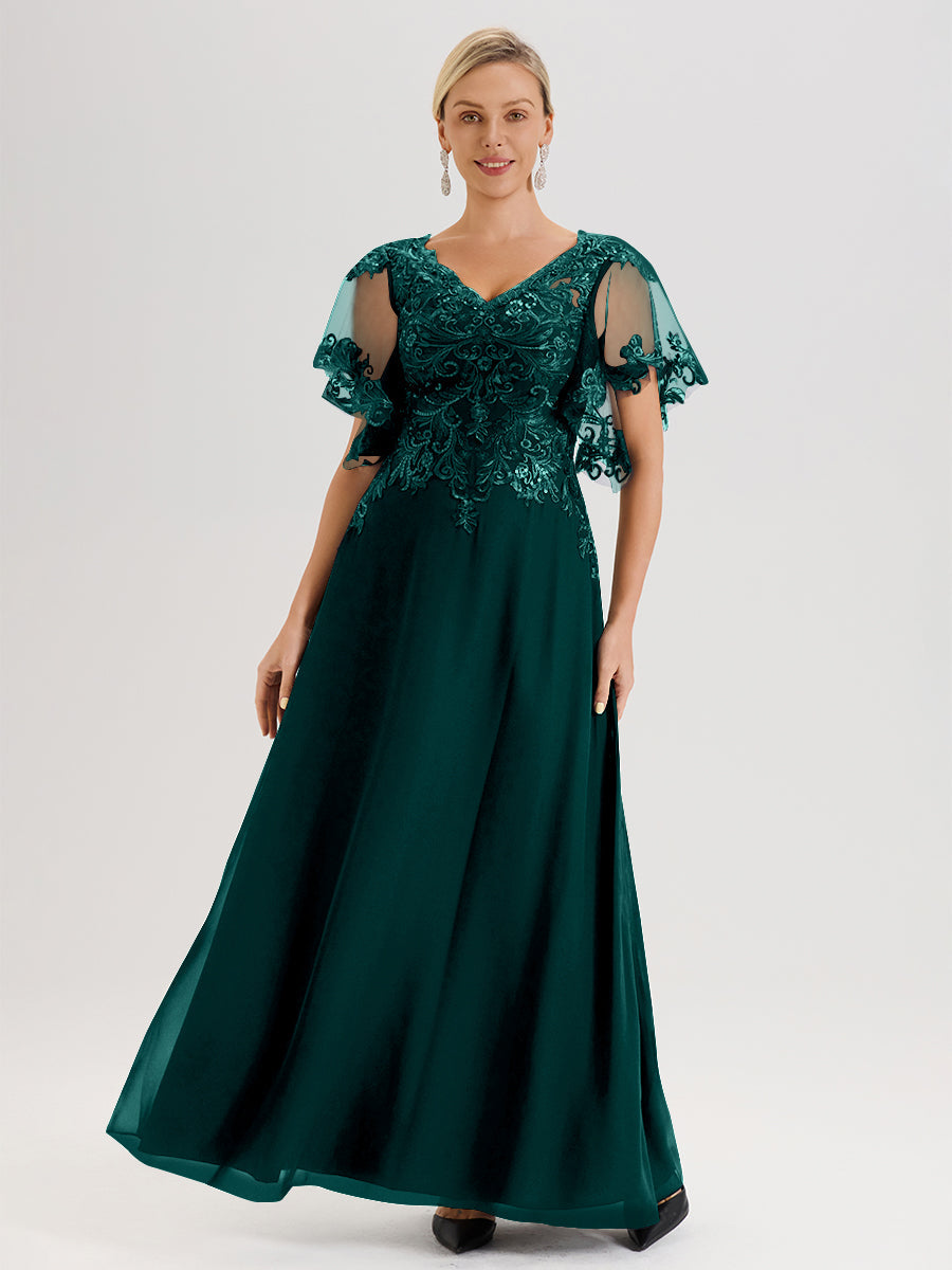 Cicinia Robe Mère De La Mariée Paon Longueur Au Sol En Chiffon Et Dentelle Décolleté En V À Manches Courtes Volantées