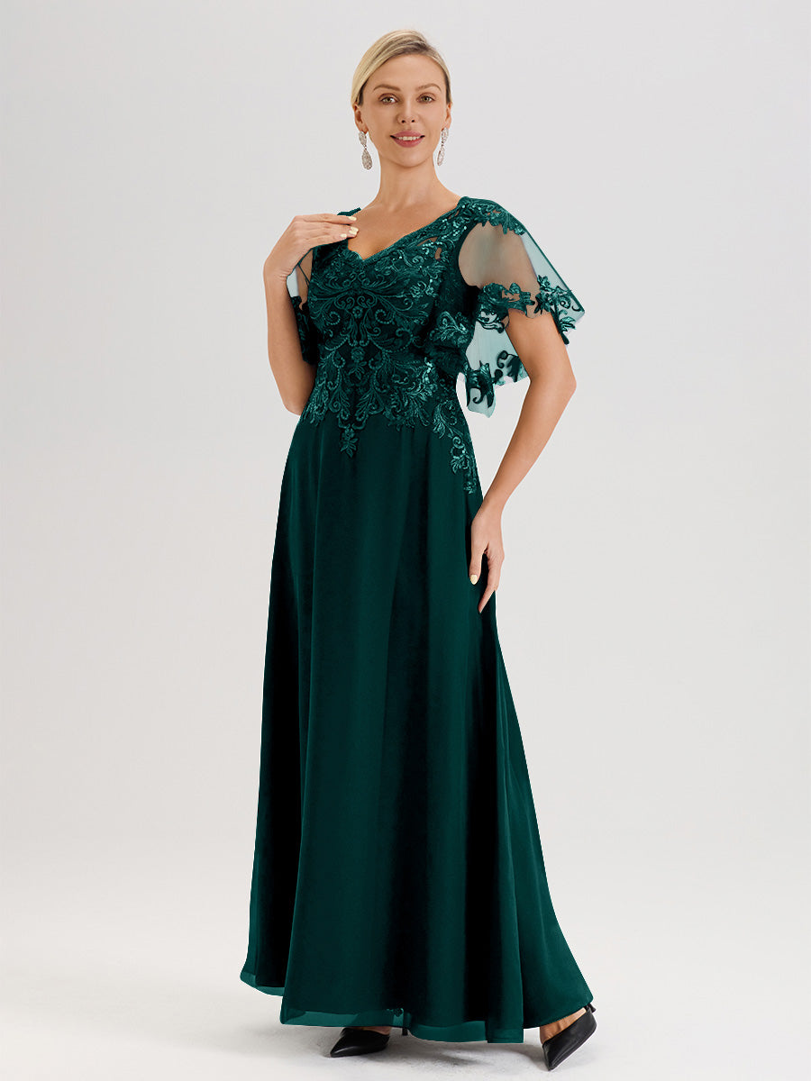 Cicinia Robe Mère De La Mariée Paon Longueur Au Sol En Chiffon Et Dentelle Décolleté En V À Manches Courtes Volantées