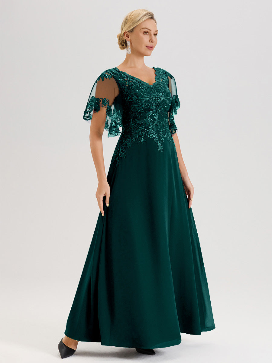 Cicinia Robe Mère De La Mariée Paon Longueur Au Sol En Chiffon Et Dentelle Décolleté En V À Manches Courtes Volantées