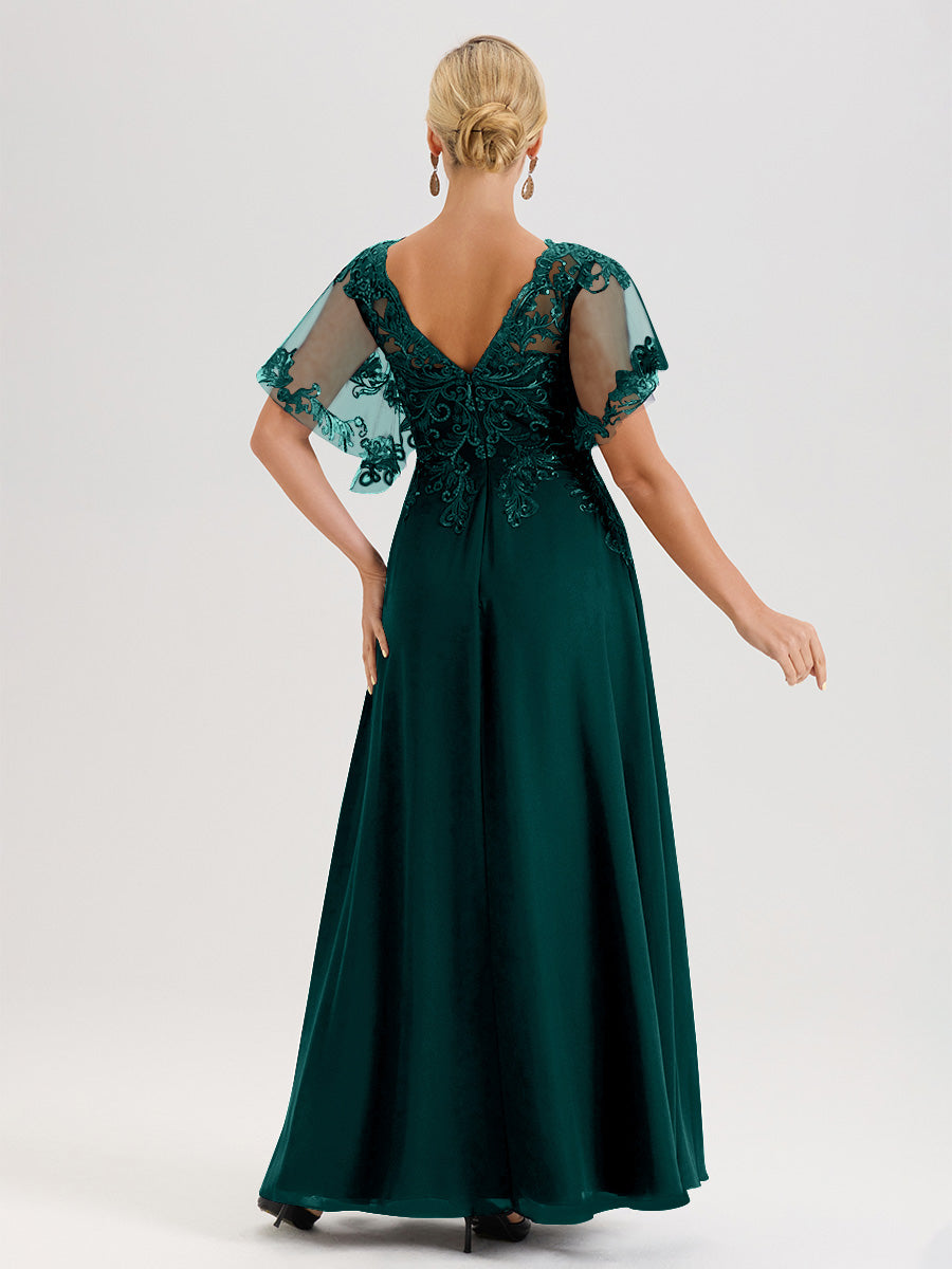 Cicinia Robe Mère De La Mariée Paon Longueur Au Sol En Chiffon Et Dentelle Décolleté En V À Manches Courtes Volantées