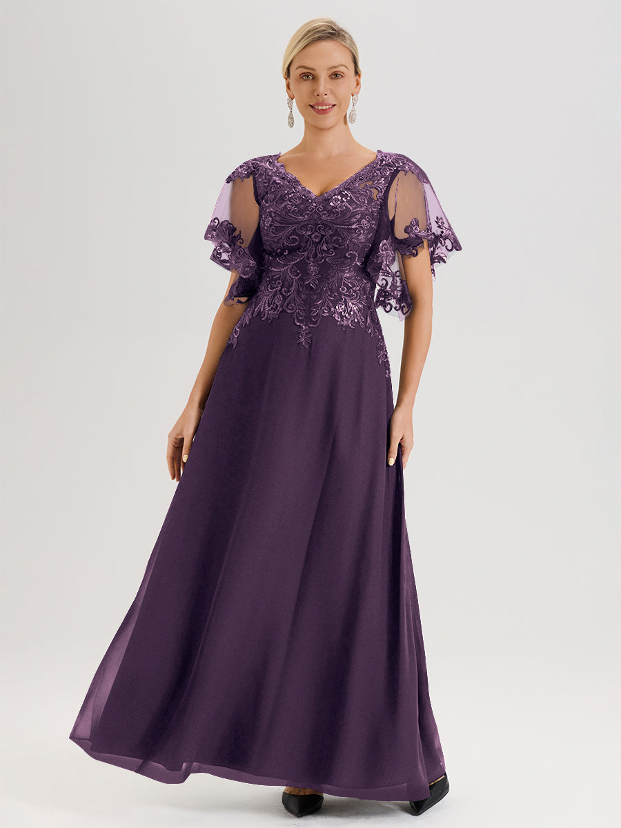 Cicinia Robe Mère De La Mariée En Plum Longueur Au Sol En Chiffon Et Dentelle Décolleté En V À Manches Courtes Volantées