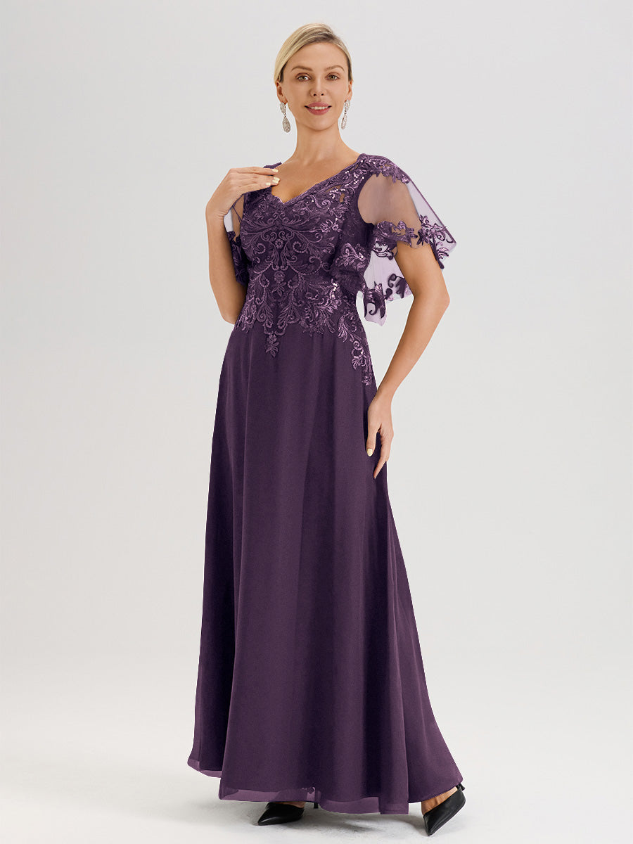 Cicinia Robe Mère De La Mariée En Plum Longueur Au Sol En Chiffon Et Dentelle Décolleté En V À Manches Courtes Volantées