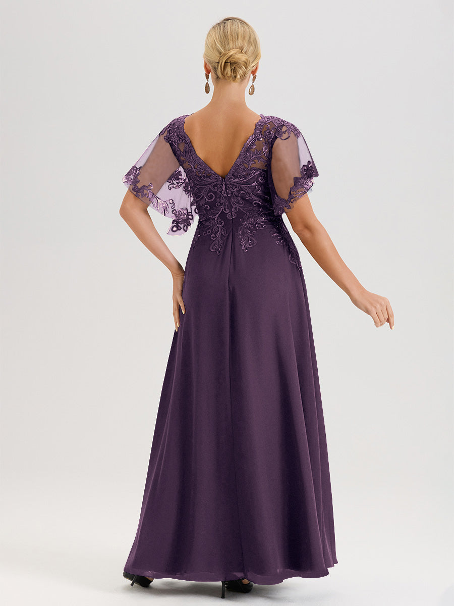 Cicinia Robe Mère De La Mariée En Plum Longueur Au Sol En Chiffon Et Dentelle Décolleté En V À Manches Courtes Volantées