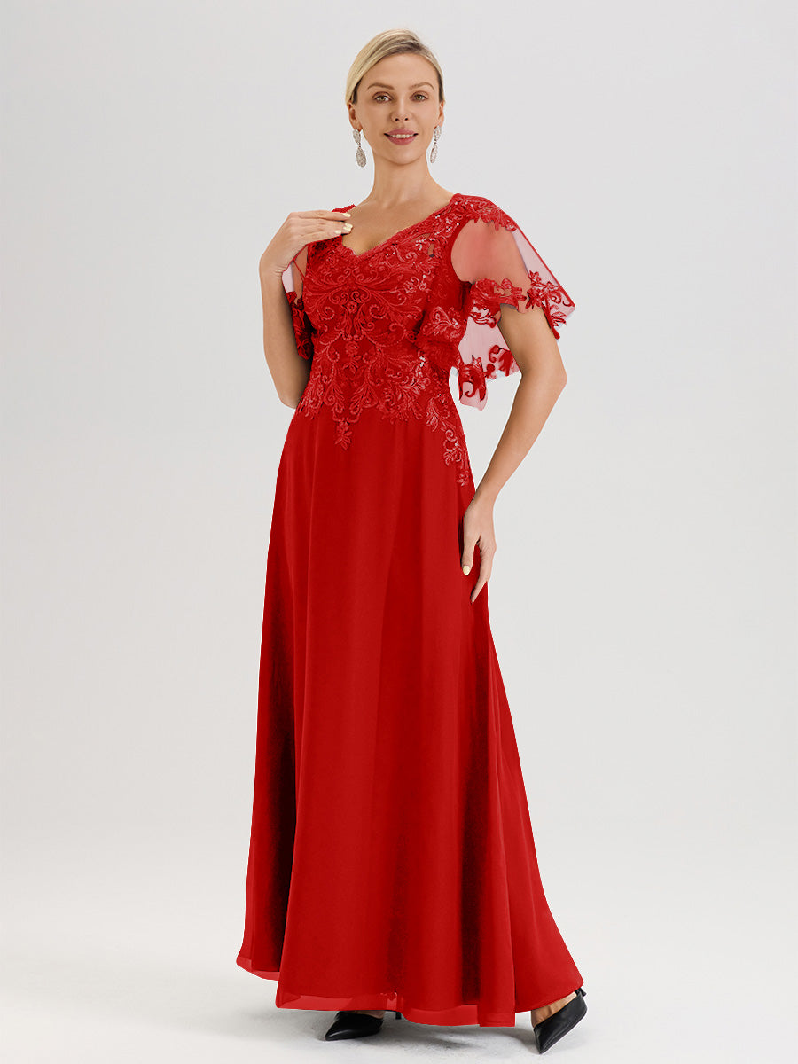 Cicinia Robe Mère De La Mariée Rouge Longueur Au Sol En Chiffon Et Dentelle Décolleté En V À Manches Courtes Volantées