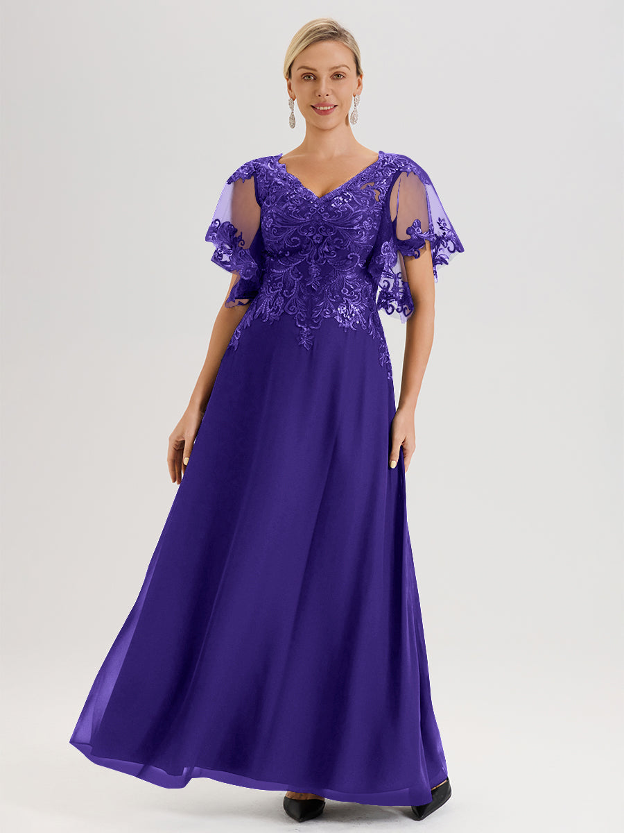 Cicinia Robe Mère De La Mariée En Régence Longueur Au Sol En Chiffon Et Dentelle Décolleté En V À Manches Courtes Volantées