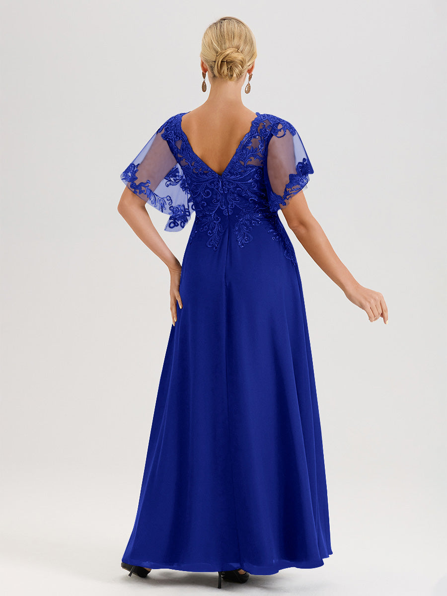Cicinia Robe Mère De La Mariée Bleu Royal Longueur Au Sol En Chiffon Et Dentelle Décolleté En V À Manches Courtes Volantées