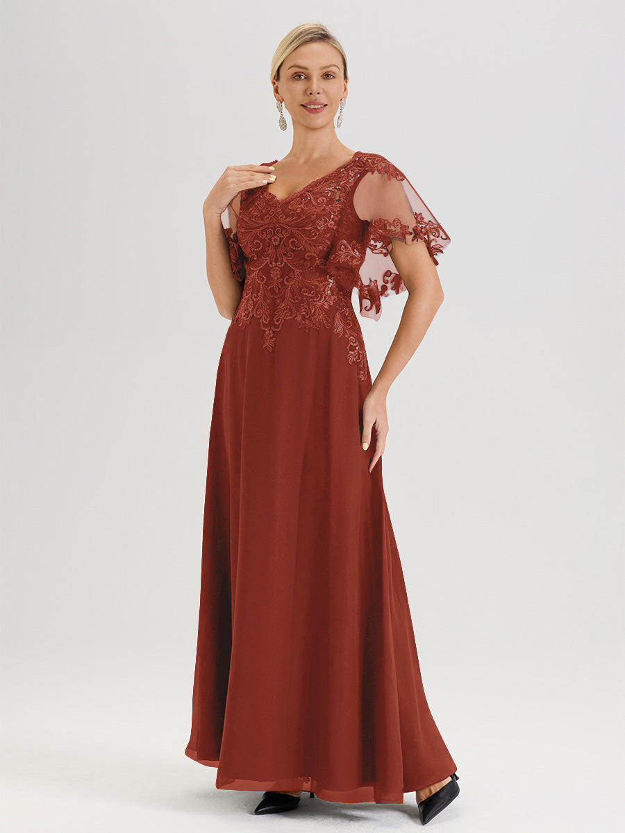 Cicinia Robe Mère De La Mariée Couleur Rouille Longueur Au Sol En Chiffon Et Dentelle Décolleté En V À Manches Courtes Volantées