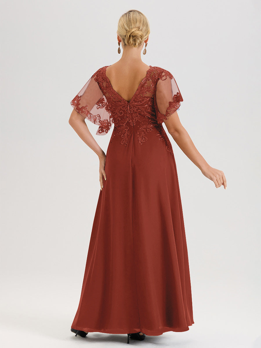 Cicinia Robe Mère De La Mariée Couleur Rouille Longueur Au Sol En Chiffon Et Dentelle Décolleté En V À Manches Courtes Volantées