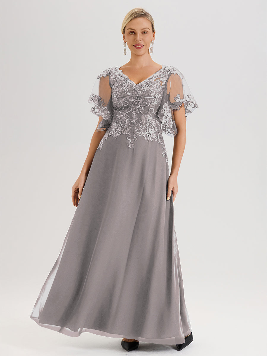 Cicinia Robe Mère De La Mariée Argenté Longueur Au Sol En Chiffon Et Dentelle Décolleté En V À Manches Courtes Volantées