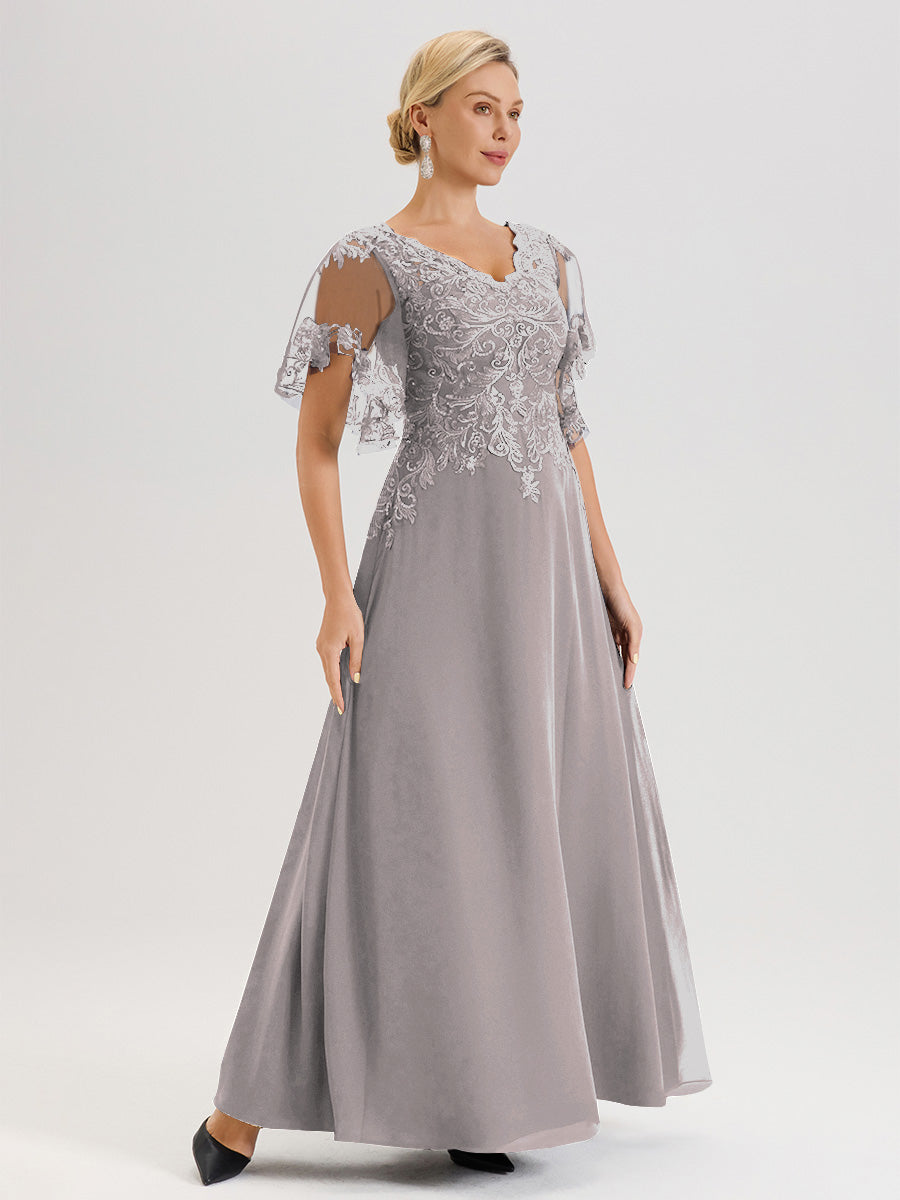 Cicinia Robe Mère De La Mariée Argenté Longueur Au Sol En Chiffon Et Dentelle Décolleté En V À Manches Courtes Volantées