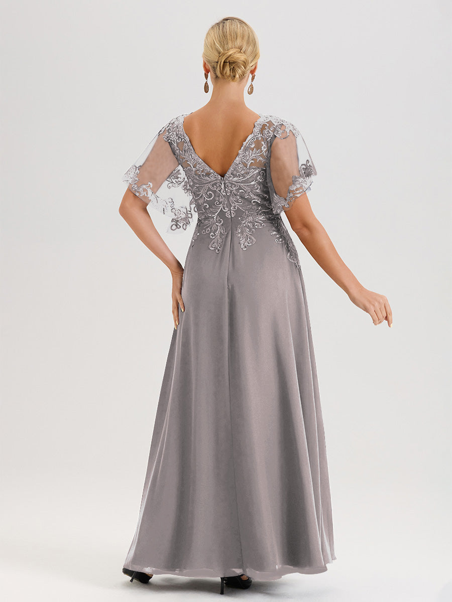 Cicinia Robe Mère De La Mariée Argenté Longueur Au Sol En Chiffon Et Dentelle Décolleté En V À Manches Courtes Volantées