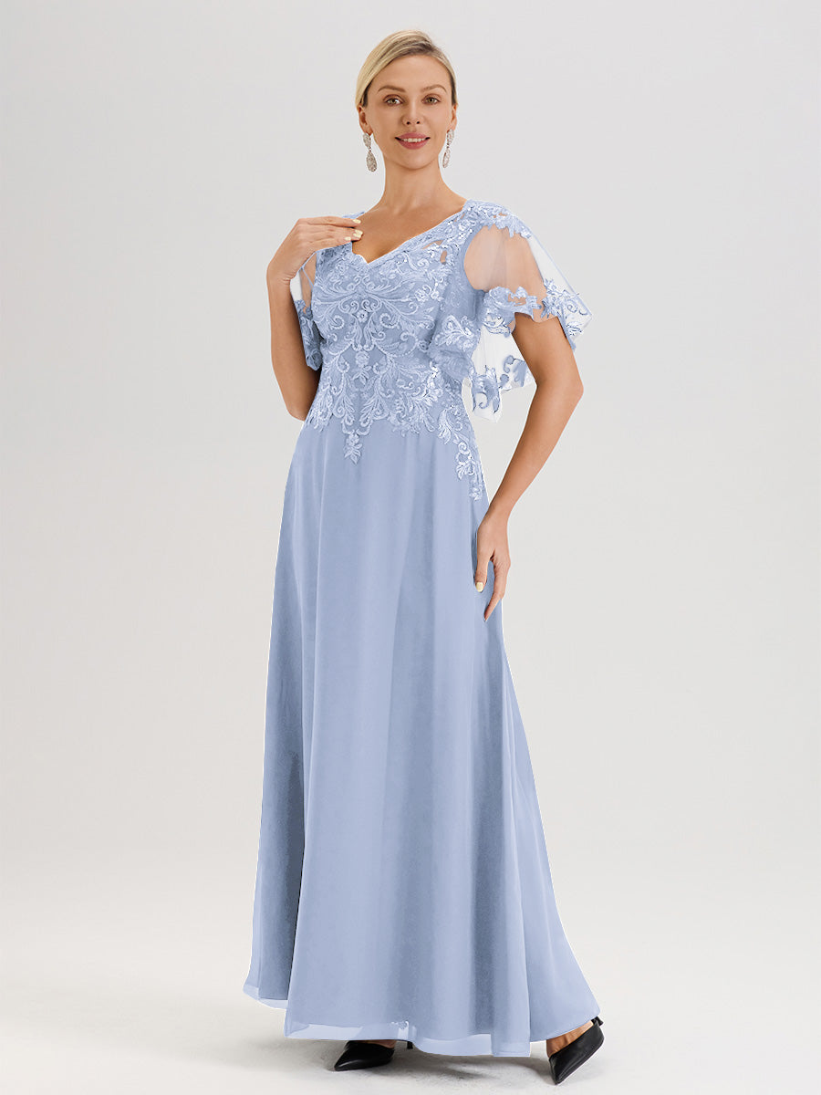Cicinia Robe Mère De La Mariée Bleu Ciel Longueur Au Sol En Chiffon Et Dentelle Décolleté En V À Manches Courtes Volantées