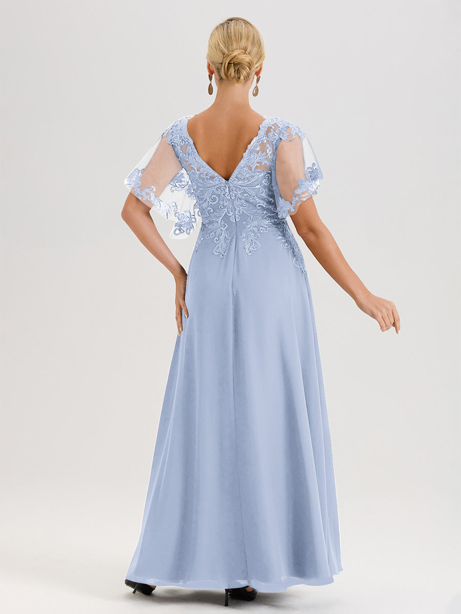 Cicinia Robe Mère De La Mariée Bleu Ciel Longueur Au Sol En Chiffon Et Dentelle Décolleté En V À Manches Courtes Volantées