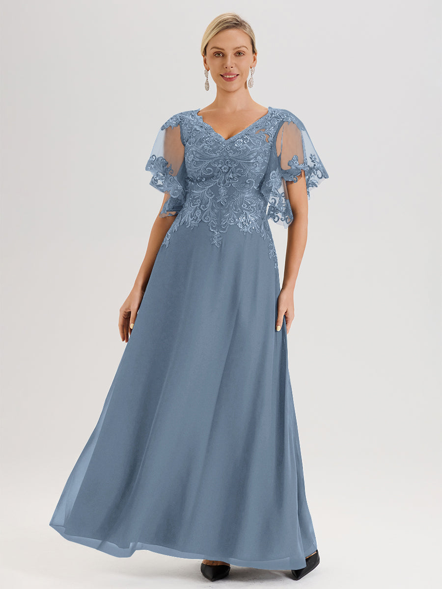 Cicinia Robe Mère De La Mariée Bleu De Schiste Longueur Au Sol En Chiffon Et Dentelle Décolleté En V À Manches Courtes Volantées