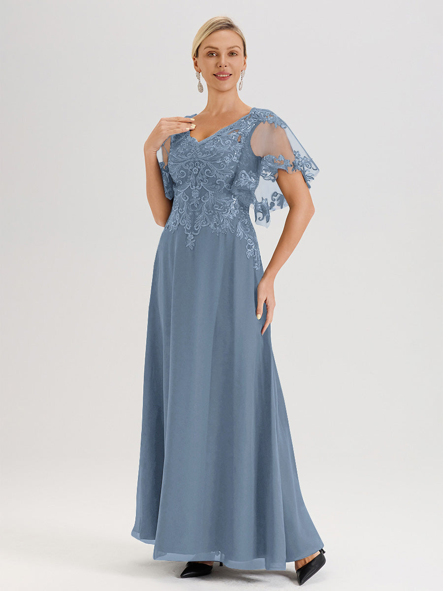 Cicinia Robe Mère De La Mariée Bleu De Schiste Longueur Au Sol En Chiffon Et Dentelle Décolleté En V À Manches Courtes Volantées