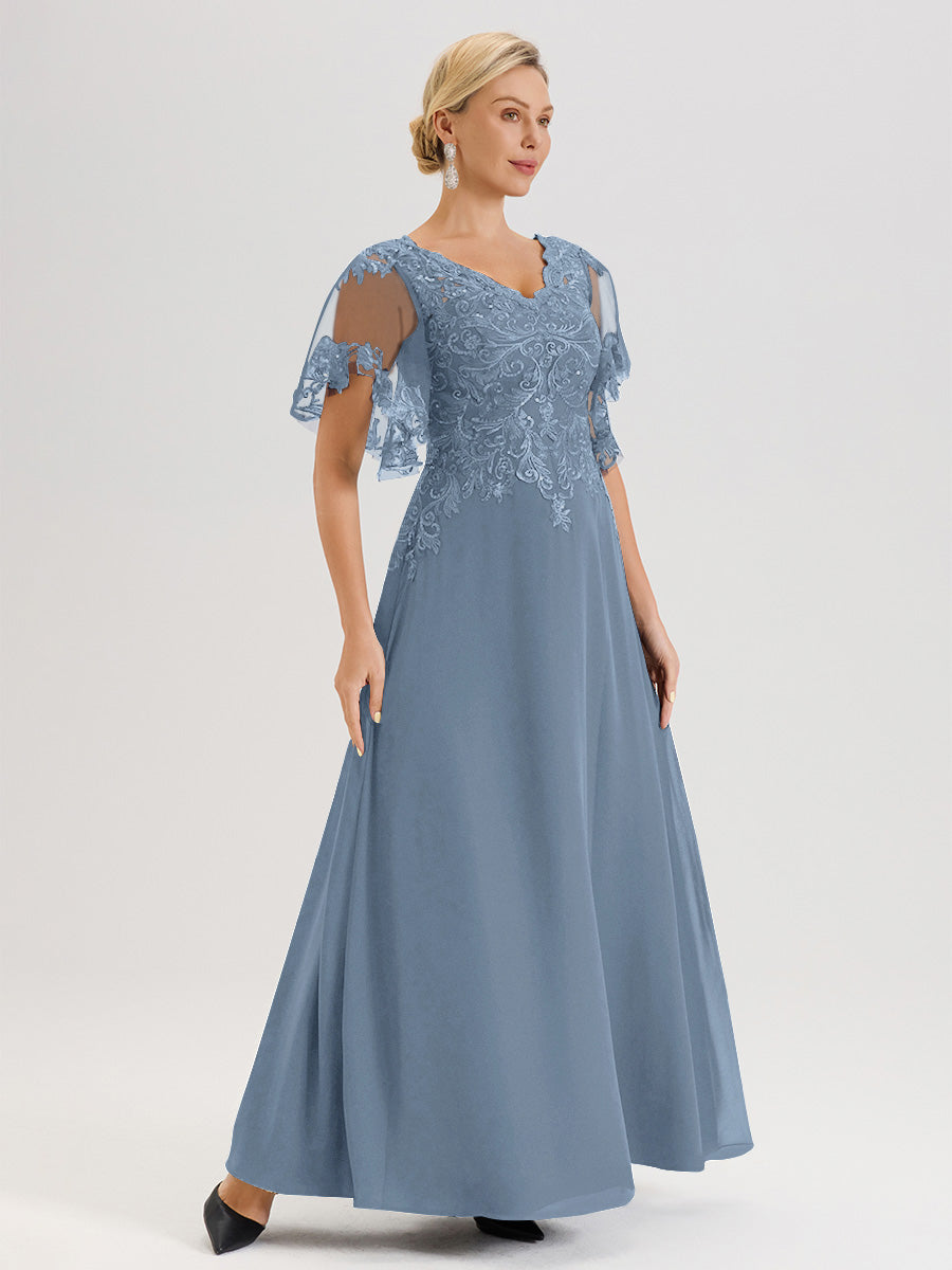 Cicinia Robe Mère De La Mariée Bleu De Schiste Longueur Au Sol En Chiffon Et Dentelle Décolleté En V À Manches Courtes Volantées