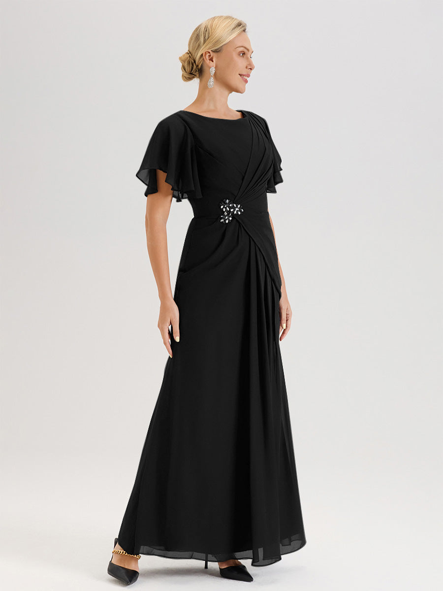 Cicinia Robe Pour Mère De La Mariée Noir Longueur Au Sol En Chiffon Col Rond À Manches Courtes Volantées