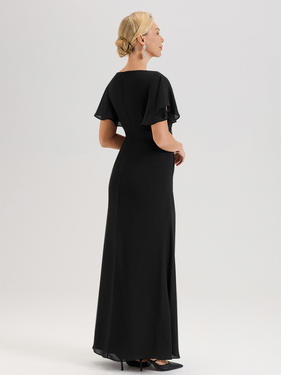 Cicinia Robe Pour Mère De La Mariée Noir Longueur Au Sol En Chiffon Col Rond À Manches Courtes Volantées