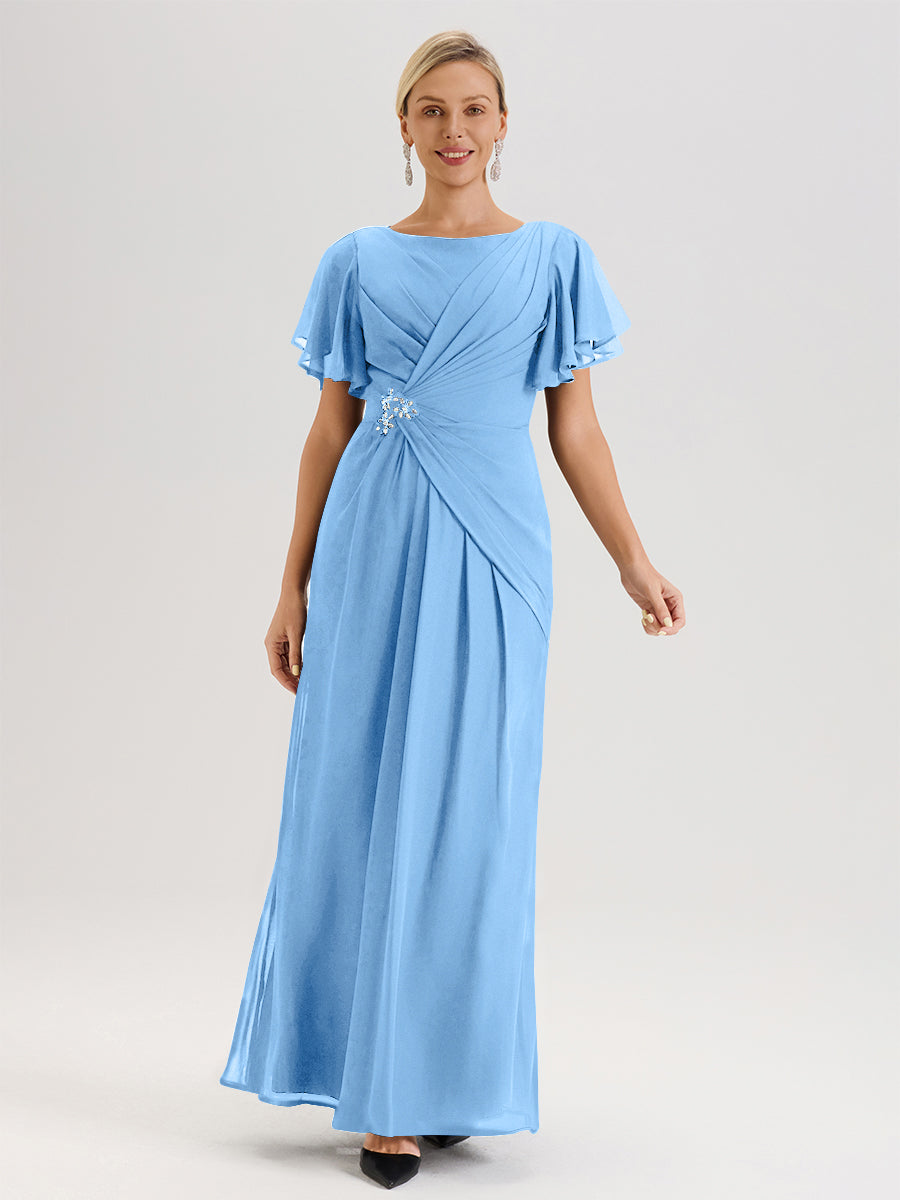 Cicinia Robe Pour Mère De La Mariée Bleu Ciel Longueur Au Sol En Chiffon Col Rond À Manches Courtes Volantées