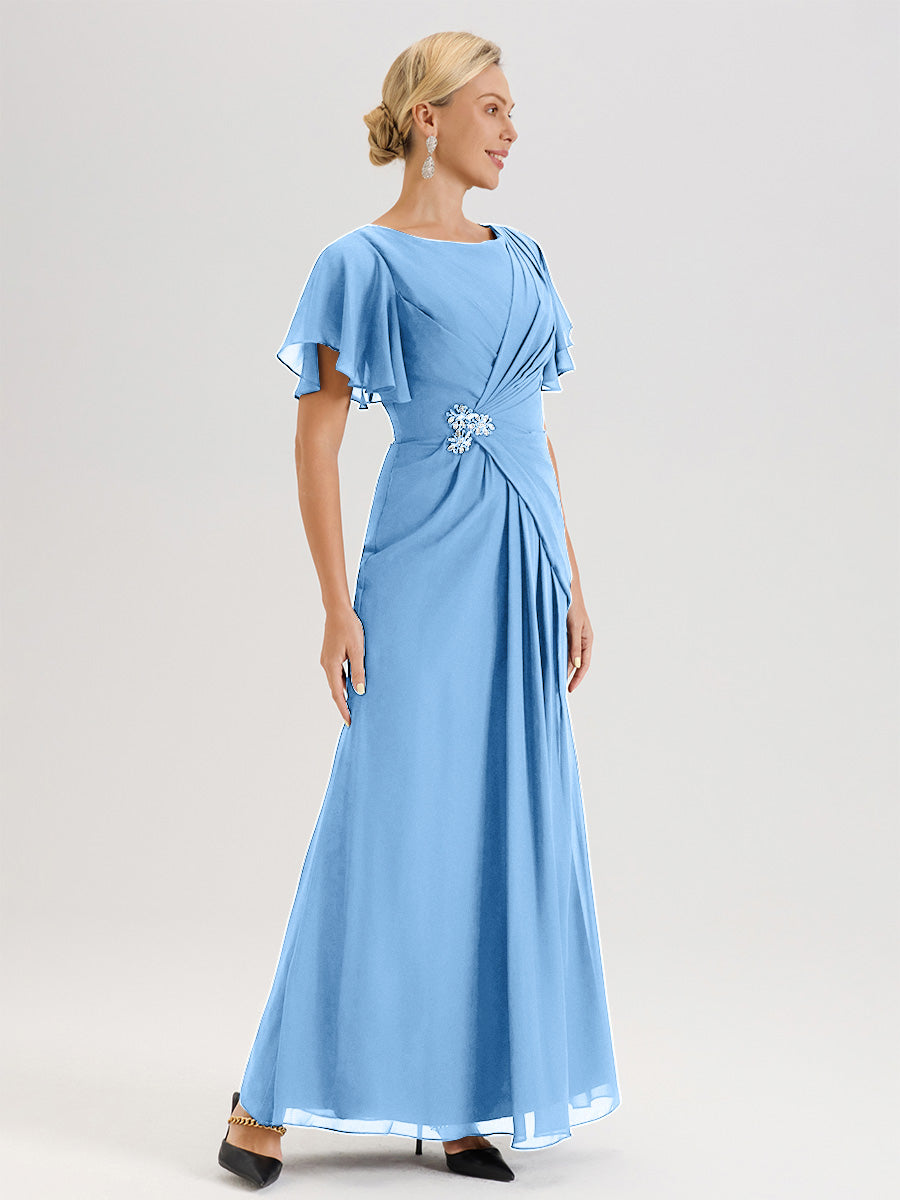 Cicinia Robe Pour Mère De La Mariée Bleu Longueur Au Sol En Chiffon Col Rond À Manches Courtes Volantées