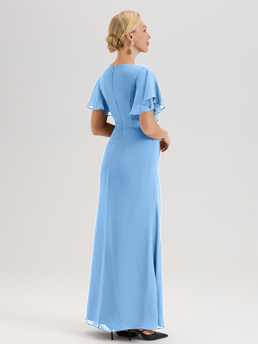 Cicinia Robe Pour Mère De La Mariée Bleu Longueur Au Sol En Chiffon Col Rond À Manches Courtes Volantées
