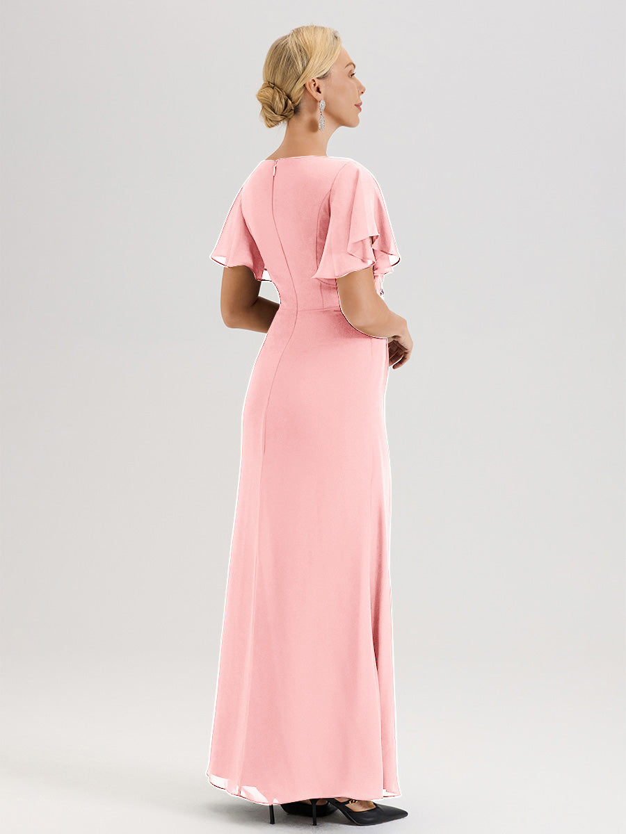 Cicinia Robe Pour Mère De La Mariée Rose Longueur Au Sol En Chiffon Col Rond À Manches Courtes Volantées