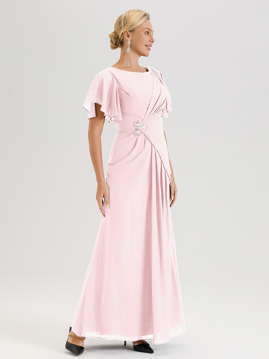 Cicinia Robe Pour Mère De La Mariée Rose Pale Longueur Au Sol En Chiffon Col Rond À Manches Courtes Volantées