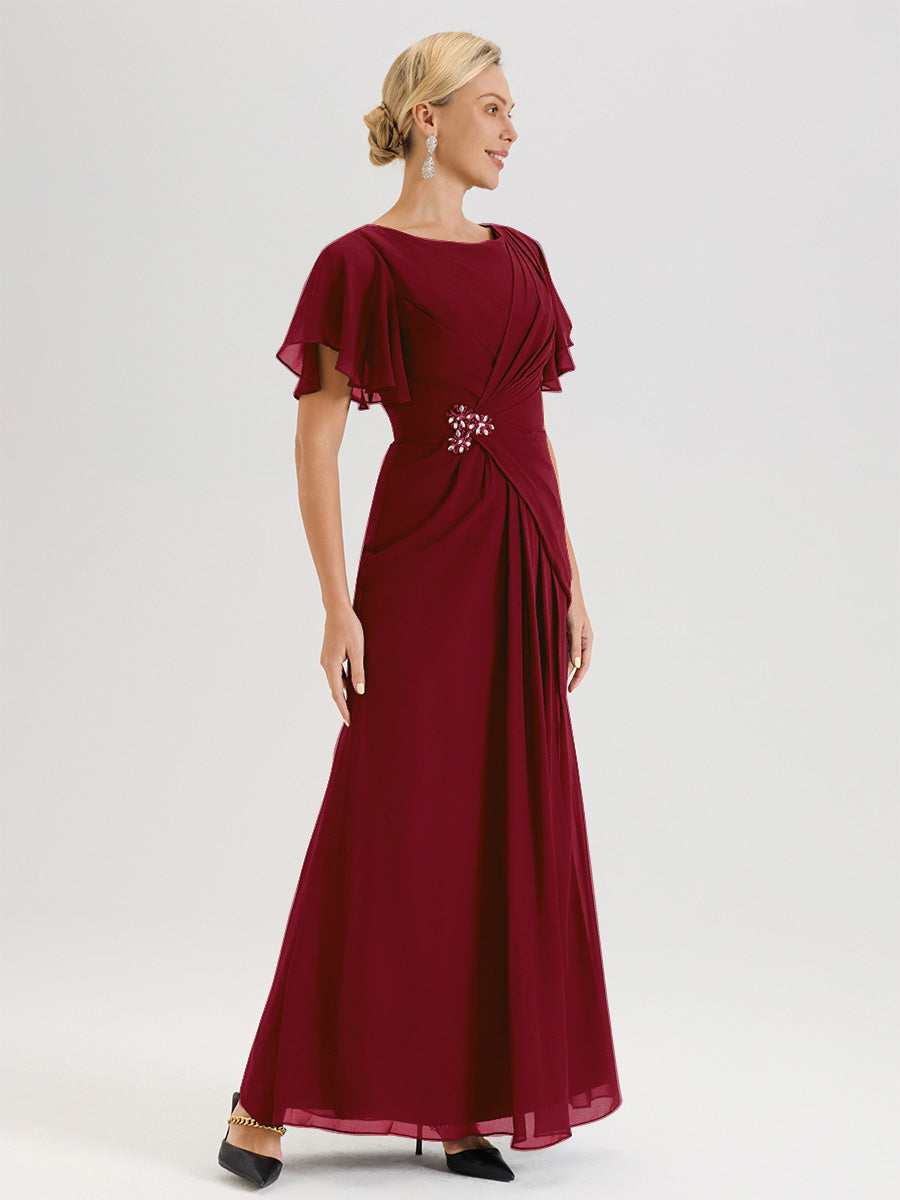 Cicinia Robe Pour Mère De La Mariée BORDEAUX Longueur Au Sol En Chiffon Col Rond À Manches Courtes Volantées