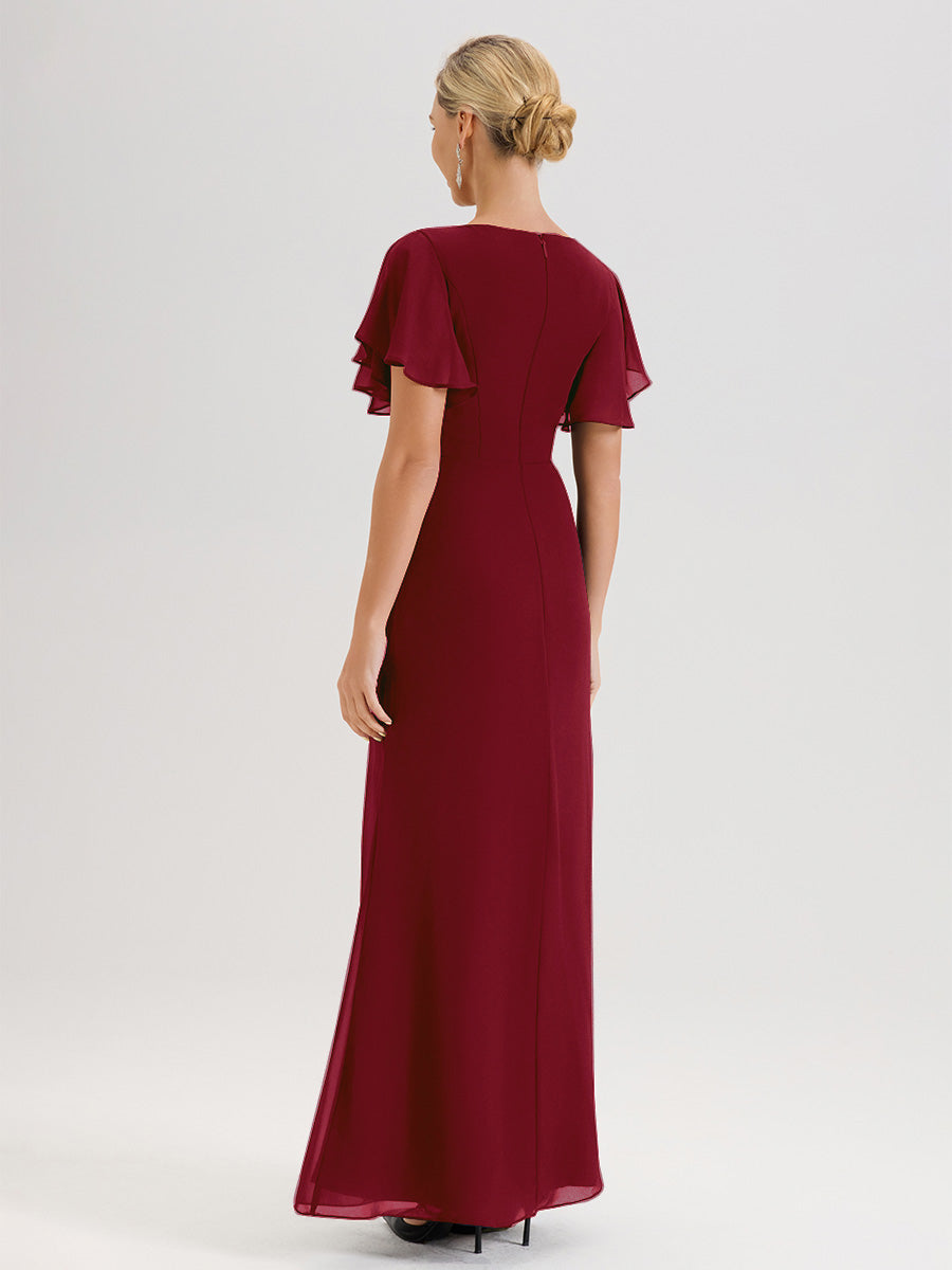 Cicinia Robe Pour Mère De La Mariée BORDEAUX Longueur Au Sol En Chiffon Col Rond À Manches Courtes Volantées