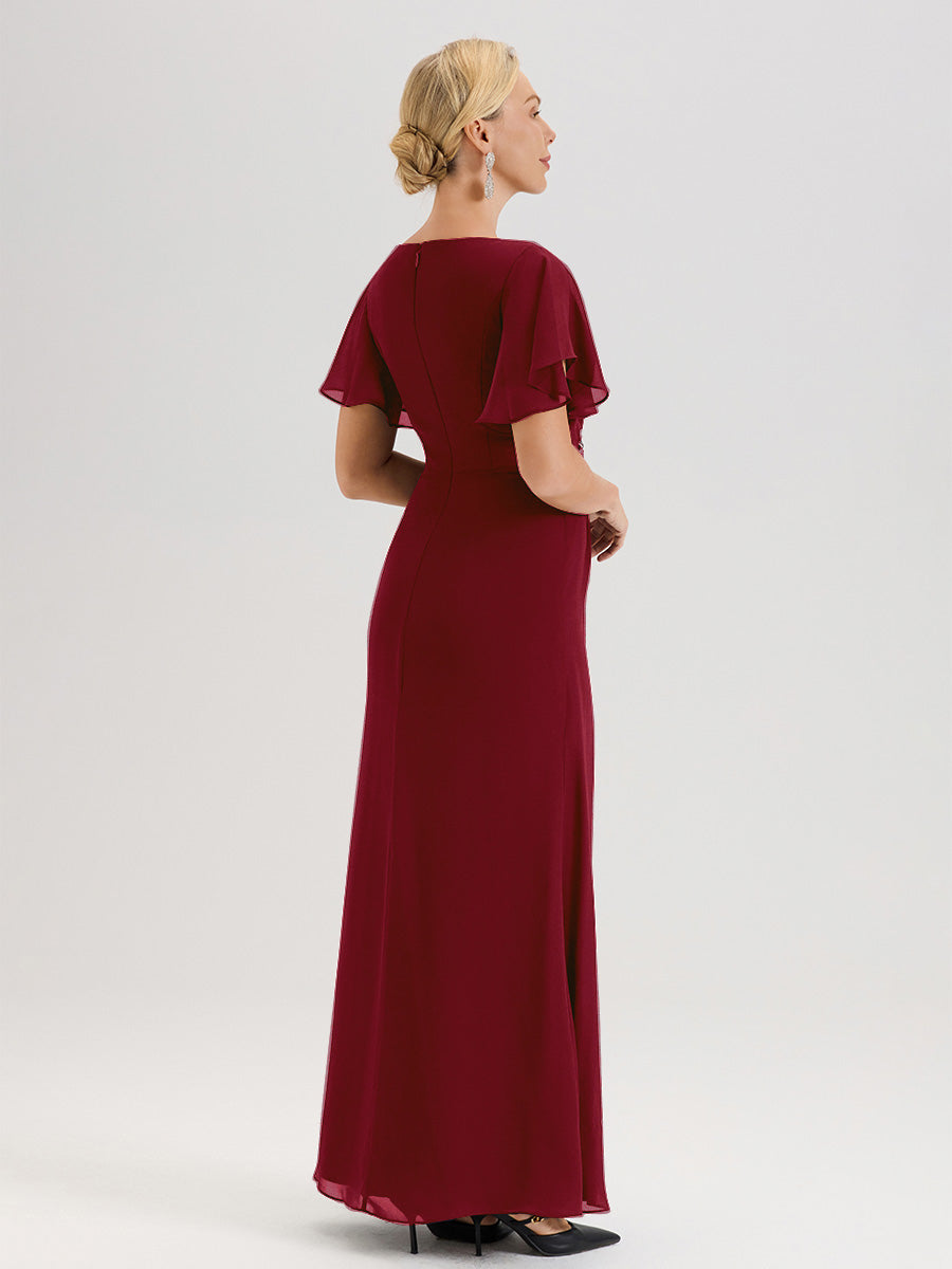 Cicinia Robe Pour Mère De La Mariée BORDEAUX Longueur Au Sol En Chiffon Col Rond À Manches Courtes Volantées