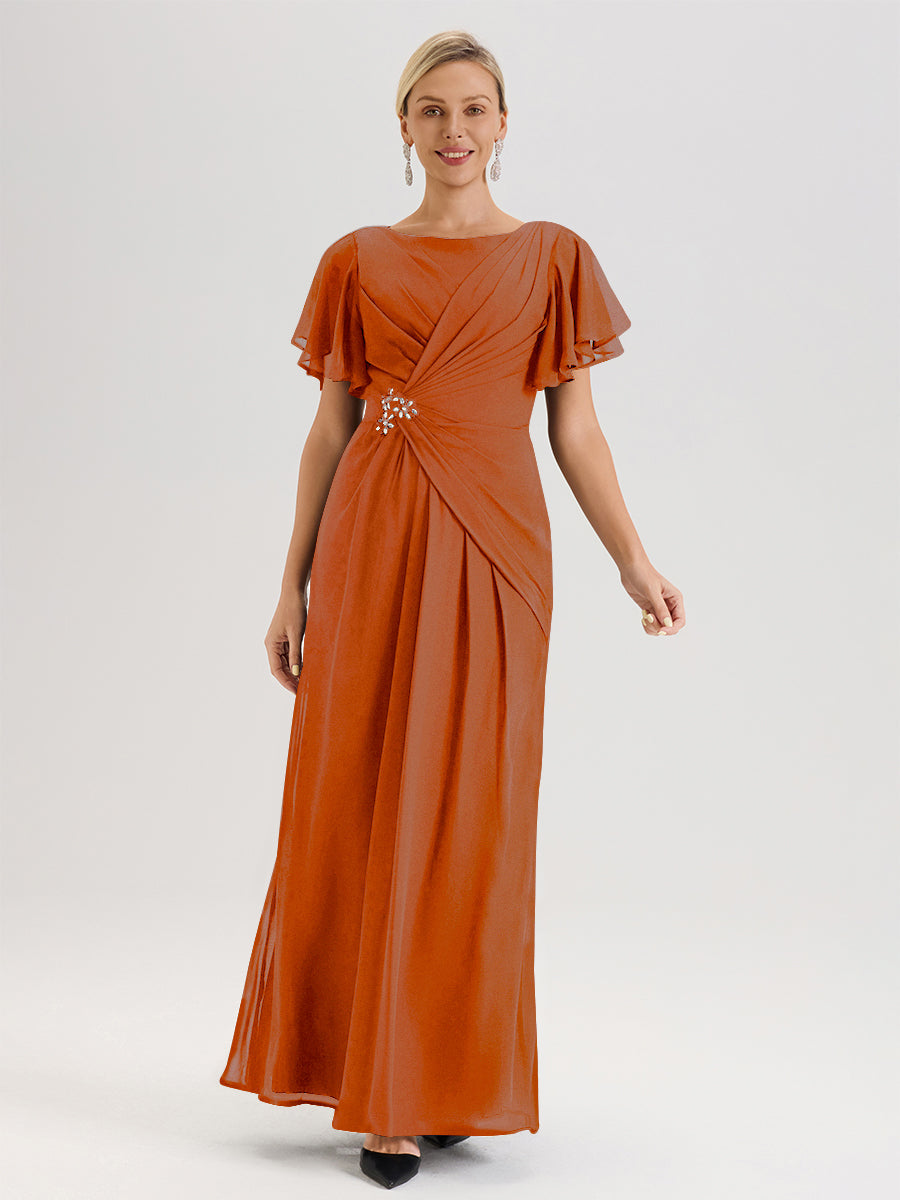Cicinia Robe Pour Mère De La Mariée Rose Cannelle Longueur Au Sol En Chiffon Col Rond À Manches Courtes Volantées