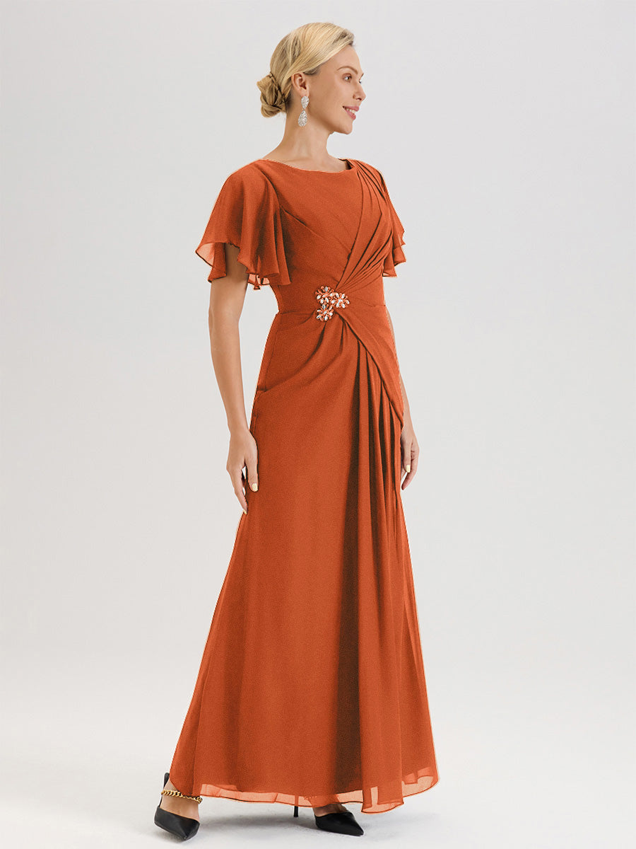 Cicinia Robe Pour Mère De La Mariée Orange Foncé Longueur Au Sol En Chiffon Col Rond À Manches Courtes Volantées