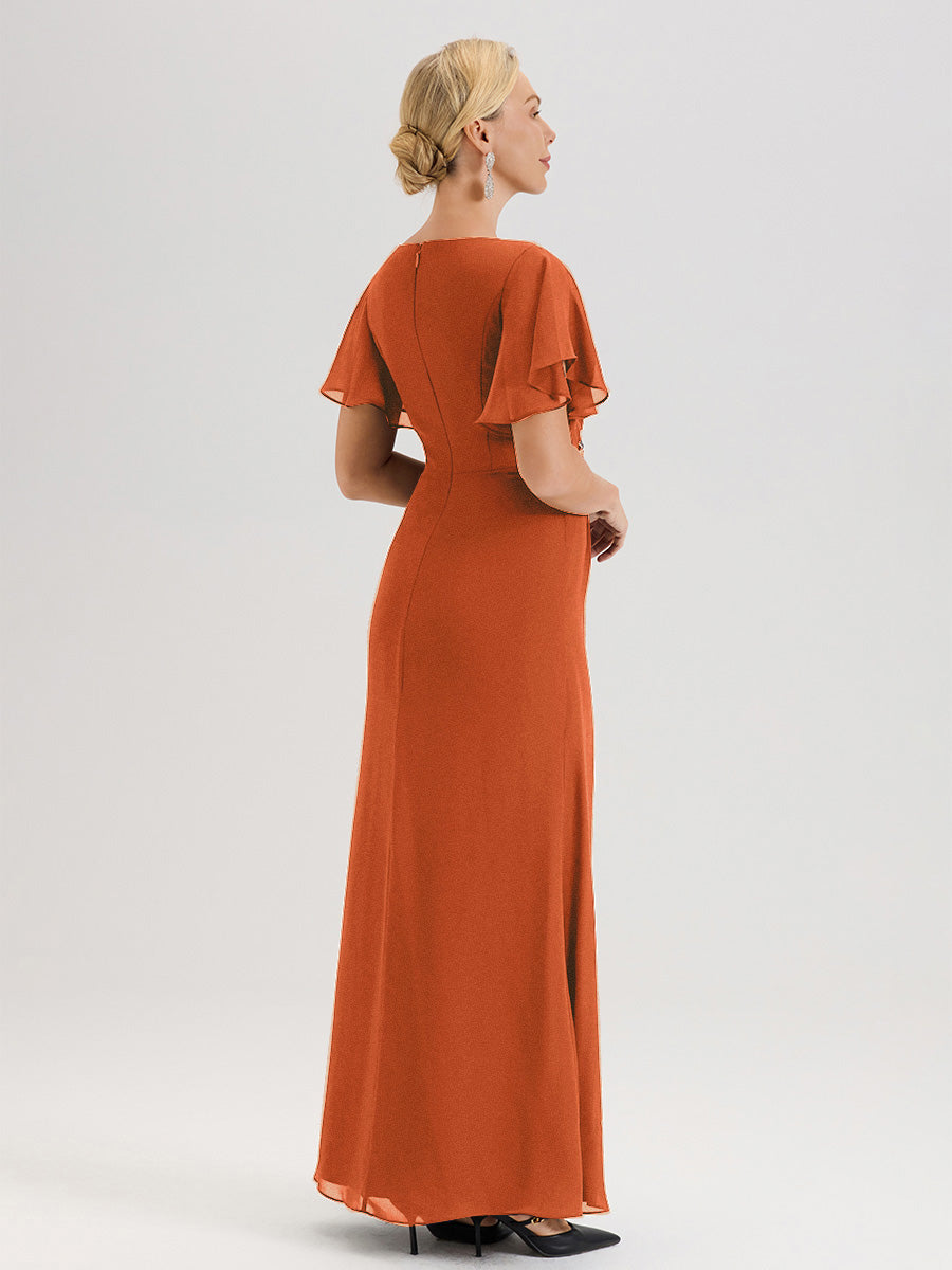 Cicinia Robe Pour Mère De La Mariée Orange Foncé Longueur Au Sol En Chiffon Col Rond À Manches Courtes Volantées