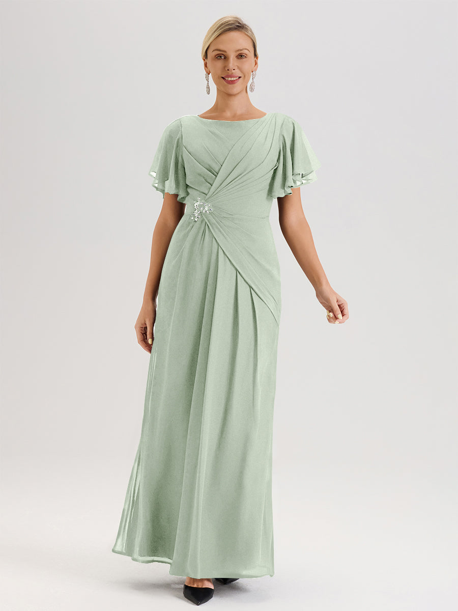 Cicinia Robe Pour Mère De La Mariée Bleu Longueur Au Sol En Chiffon Col Rond À Manches Courtes Volantées
