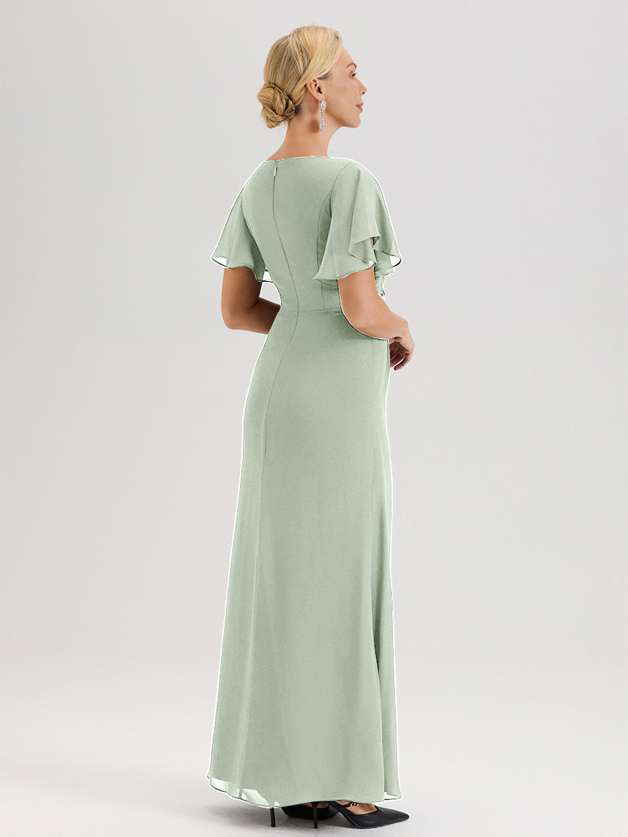Cicinia Robe Pour Mère De La Mariée Celadon Longueur Au Sol En Chiffon Col Rond À Manches Courtes Volantées